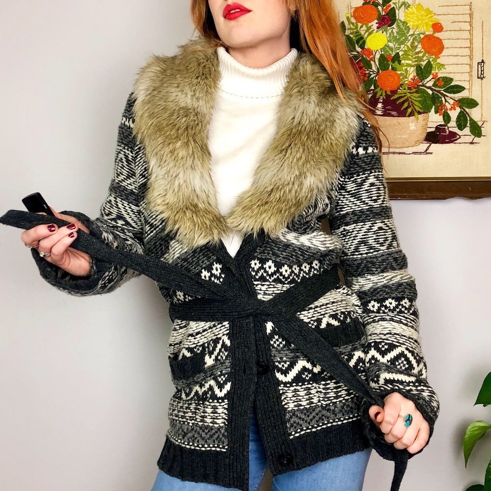 JUICY COUTURE Fur Collar Wrap Cardigan Sweater